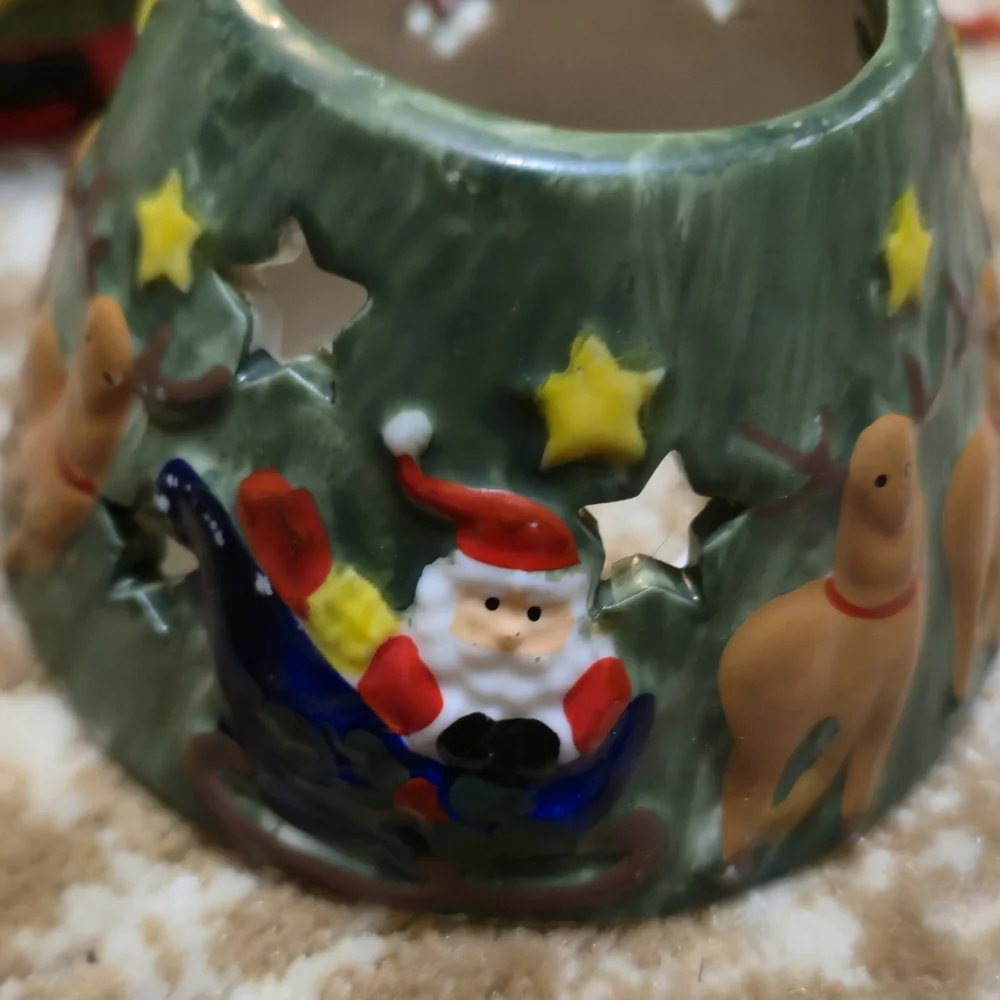 2 Set Vintage Christmas Tealight Candle Holder Set Santa Reindeer Old Country
